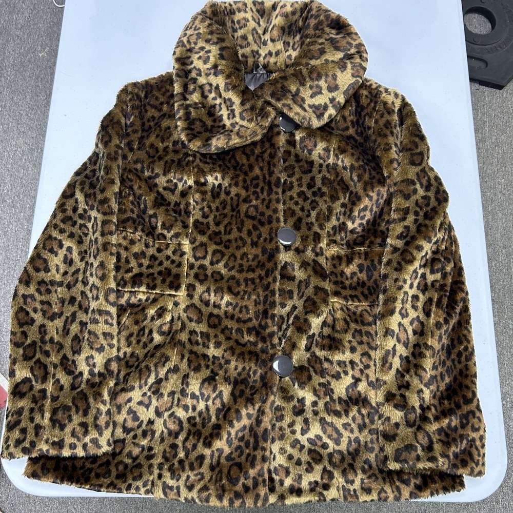 Attention Faux Fur Coat Womens L Brown Leopard Print Button Up Glam Statement